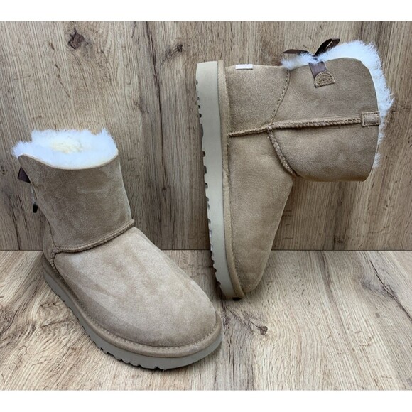 UGG MINI BAILEY BOW II CHESTNUT SUEDE SHEEPSKIN ANKLE WOMEN'S BOOTS SIZE US 8 - Picture 1 of 16